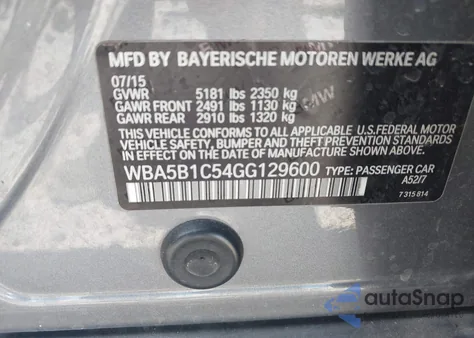 2016 BMW 535I from USA, damaged, VIN WBA5B1C54GG129600